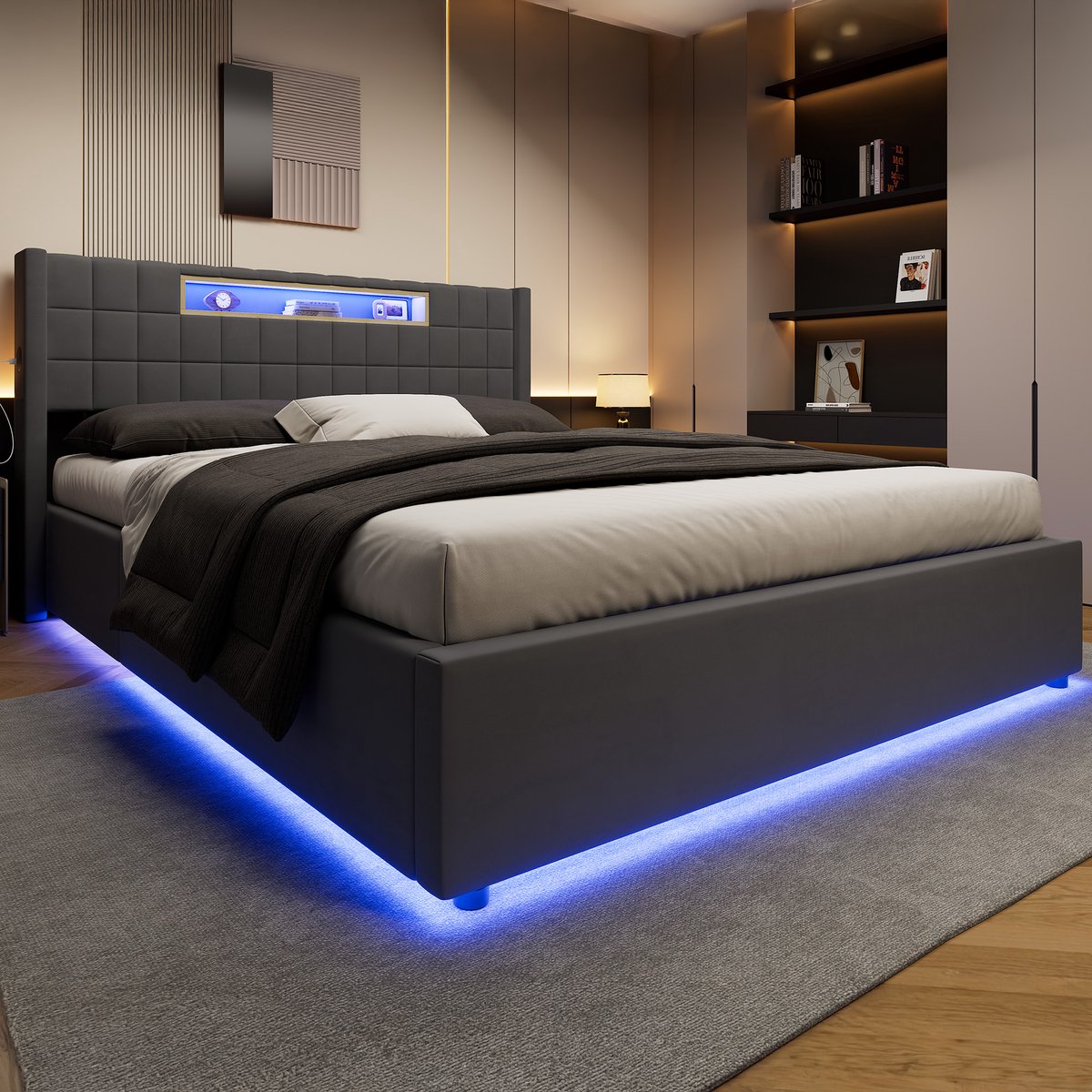 FloraGrace Gestoffeerd Bed 160x200 cm - Bedframe met Ledverlichting en Oplaadpunt - Hydraulisch Opbergbed - Volwassenenkamer - Fluweel - Donkergrijs/Grijs - Zonder Matras