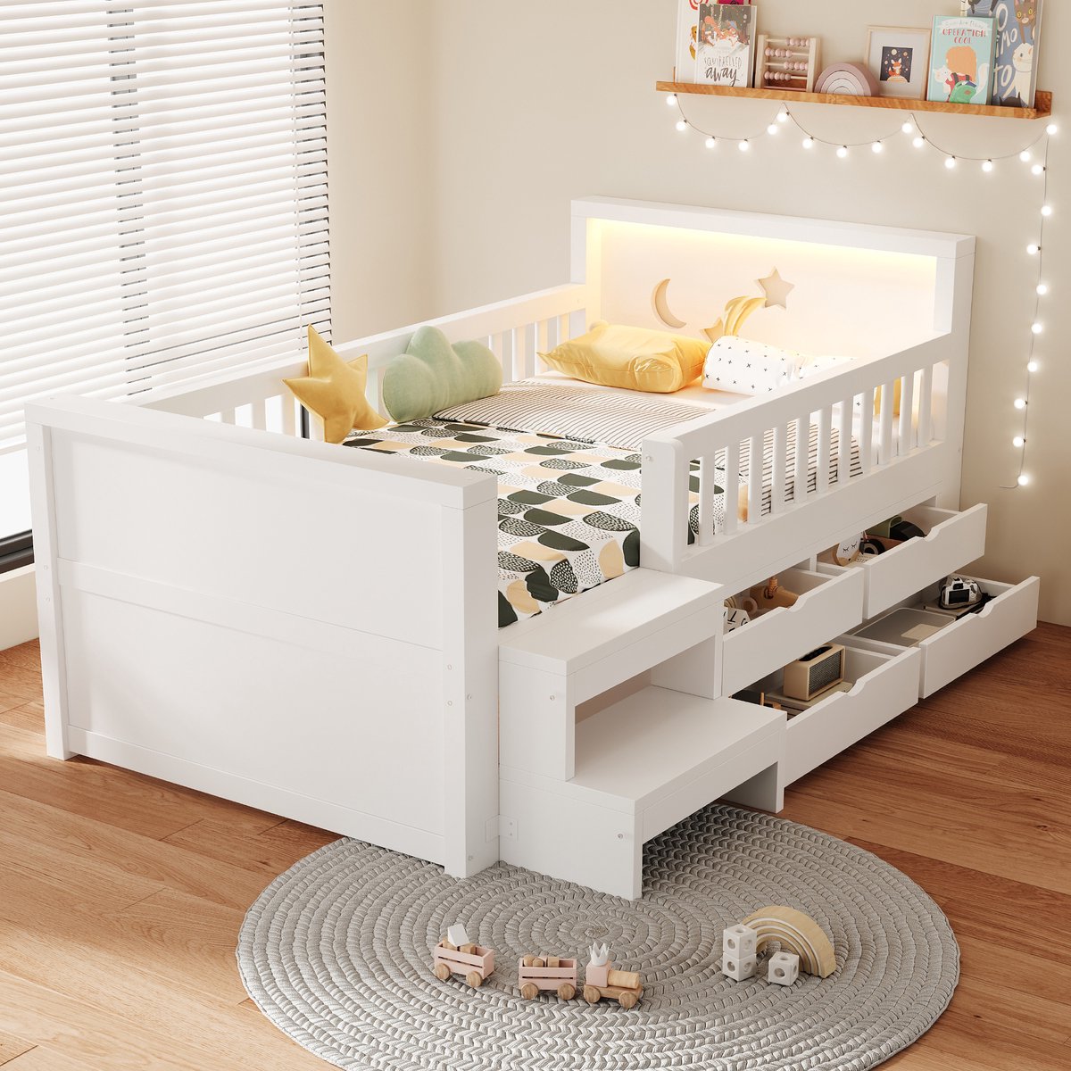 Kinderbed 90x200 cm Zonder Matras - Ster en Maan Hoofdbord Met LED Verlichting - Veiligheidshekje, Lades en Trapje - Hout - Wit