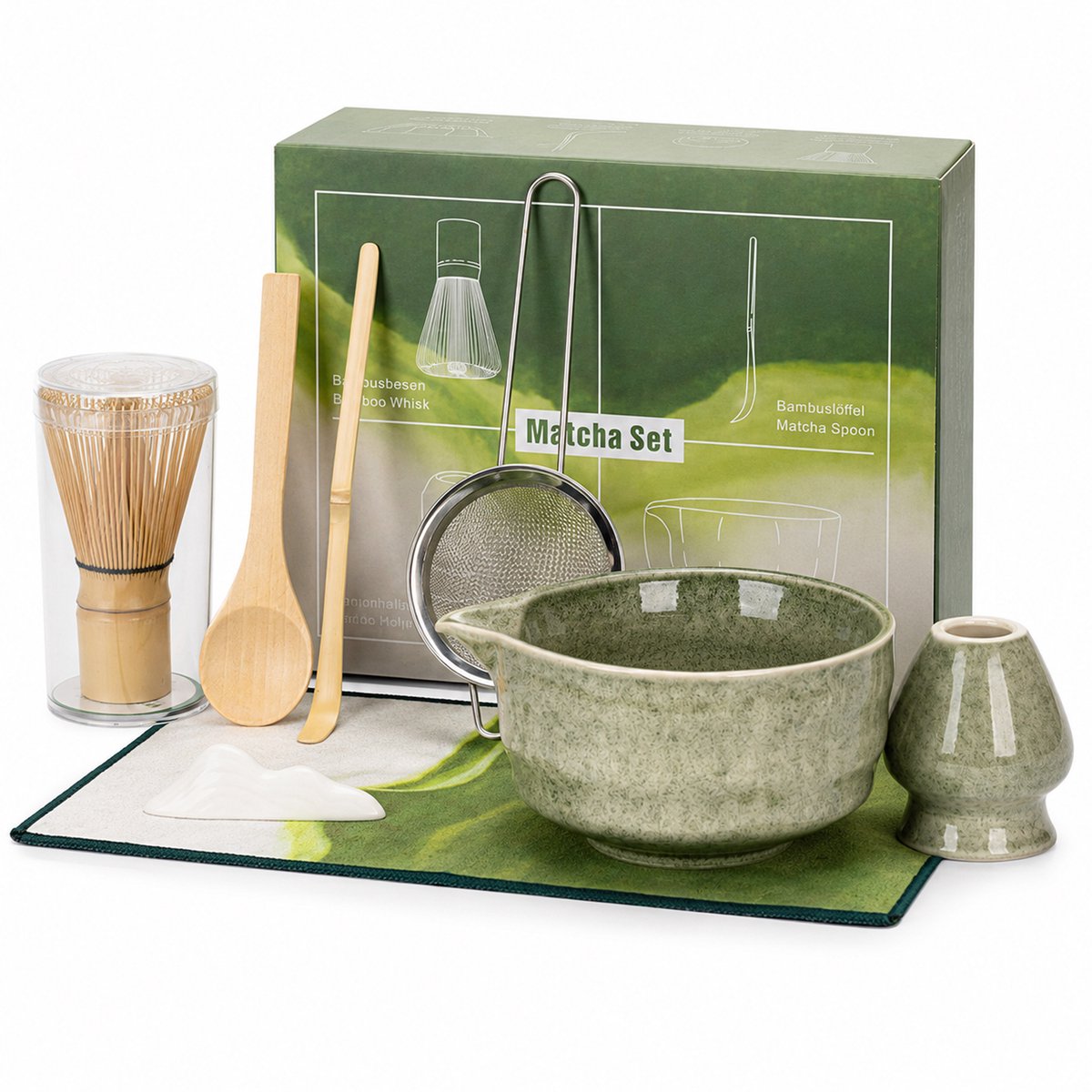 Kaiyaya - 8-delig matcha starterset - keramische kom met schenktuit - bamboe klopper en RVS zeef - voor matcha latte en thee - groen
