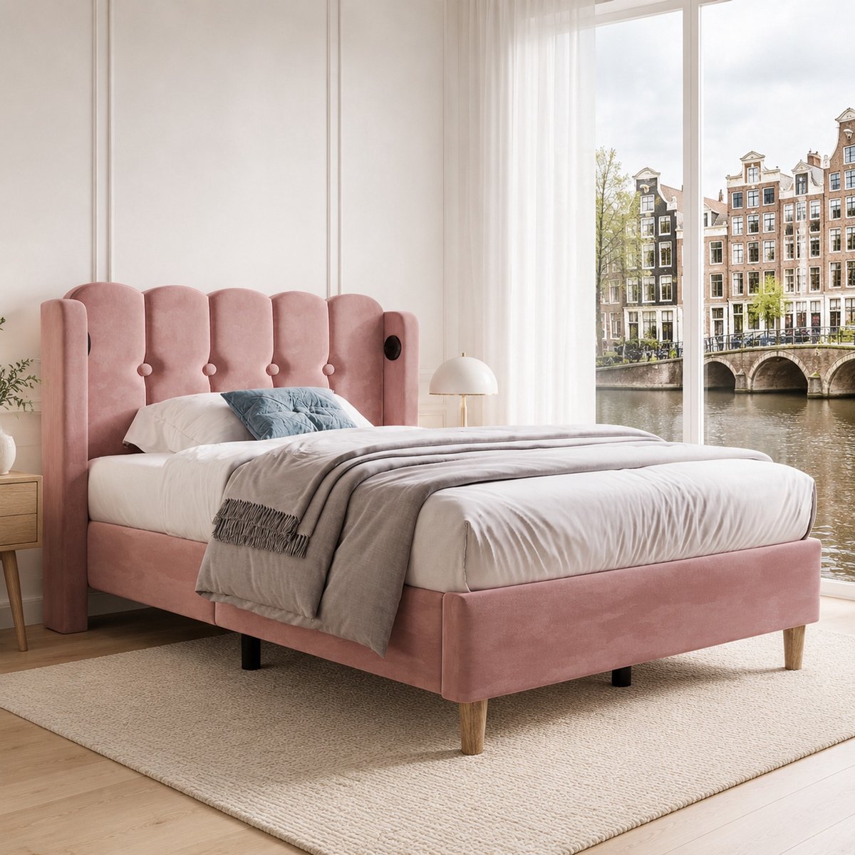 WUVRIE Rosa Velvet Polsterbed Einzelbett 90x200cm met USB-C Laadfunctie - Gepolsterd Bedframe met Lattenbodem, Hoogslaper Rose