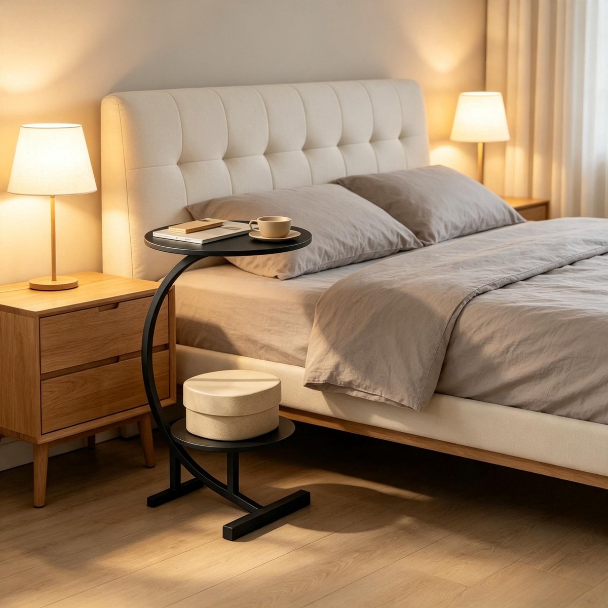 REDOM - Bedtafel - Rond dubbel niveau met opbergruimte - Melamine gecoat tafelblad - Modern - Slaapkamer en woonkamer - MDF en metaal - Zwart - 66 x 40 x 30 cm