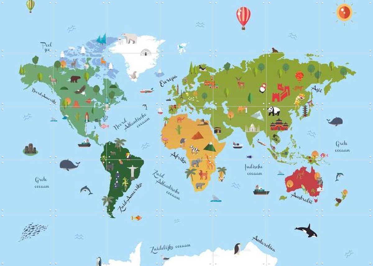 IXXI World Map Kids Text, Kunst in Kaart - 140 x 100 cm - Gratis ophangtool - Grote wanddecoratie en posters - Kleurrijk, Illustraties, Digitale