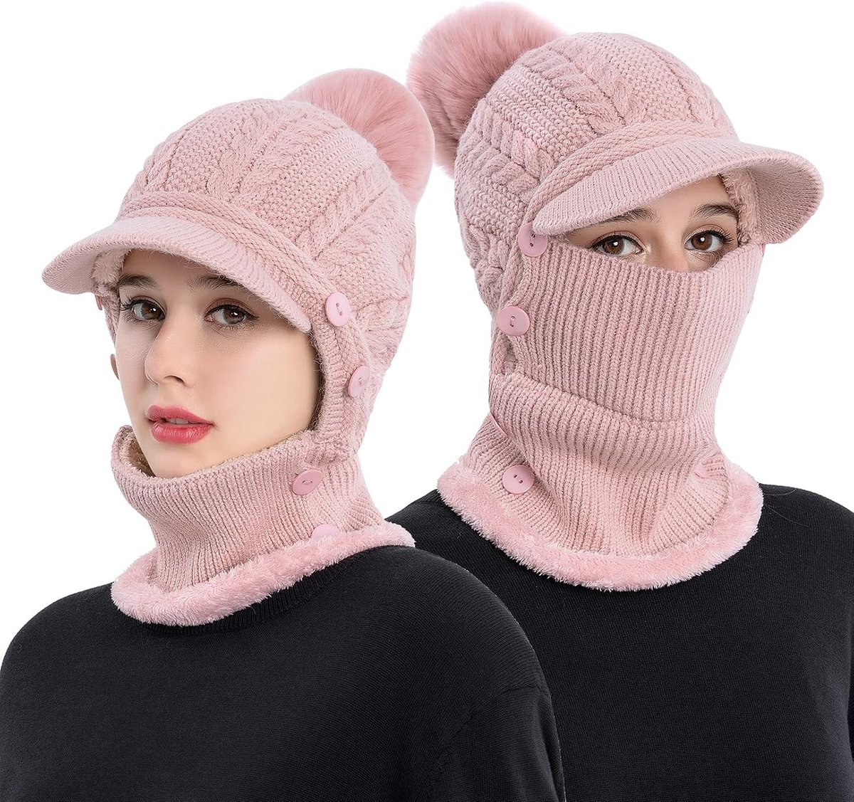 Warme Wintermuts en Sjaal Set voor Dames en Heren, Gebreide Muts met Pompon, Ideaal voor Buitensporten en Koude Dagen, Roze