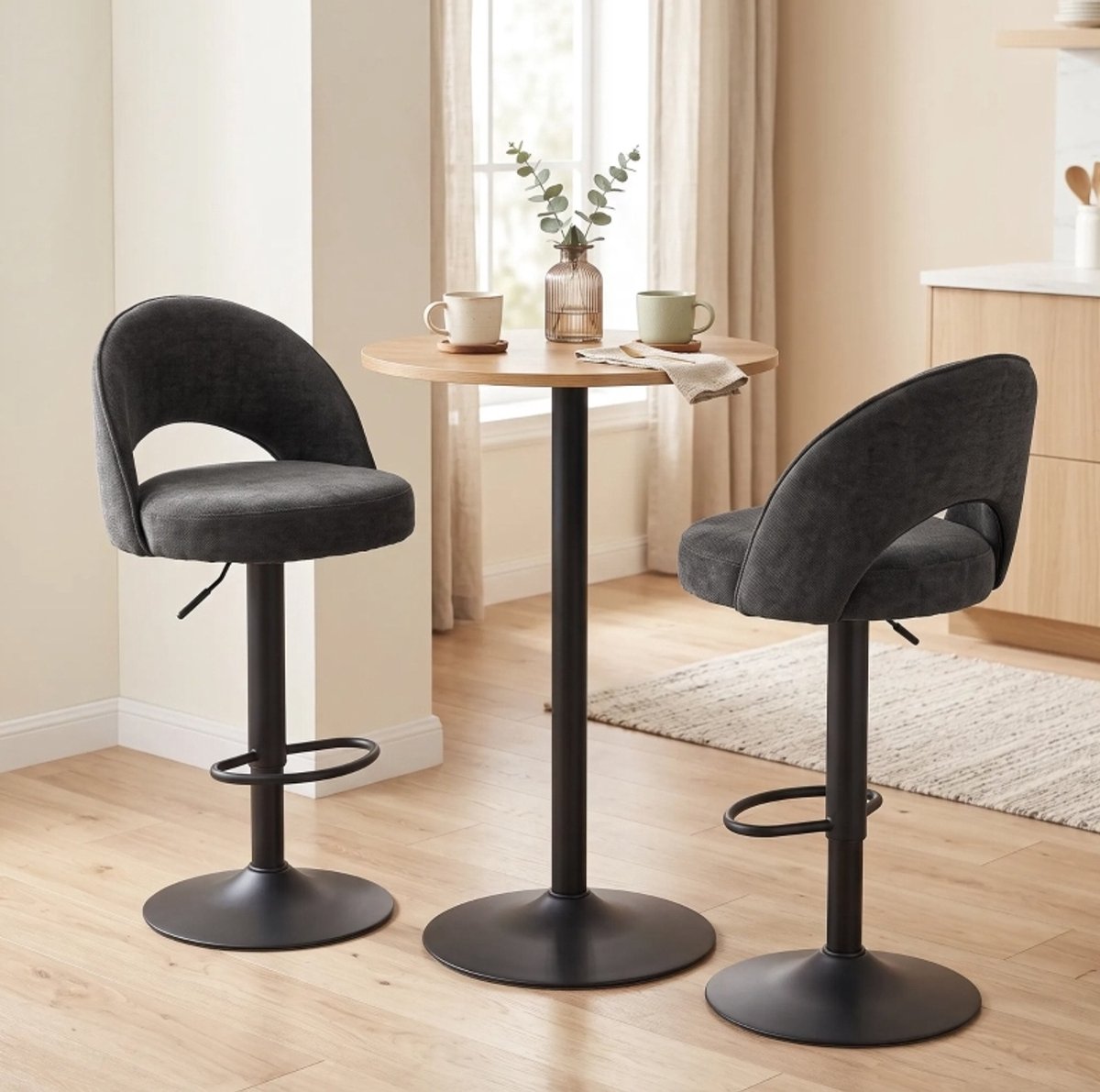 REDOM - Barkruk set van 2 - Hoogteverstelbaar en 360° draaibaar - Met rugleuning en voetsteun - Stof - Donkergrijs - 66-87 cm zithoogte - 49,5 x 48 x 110 cm