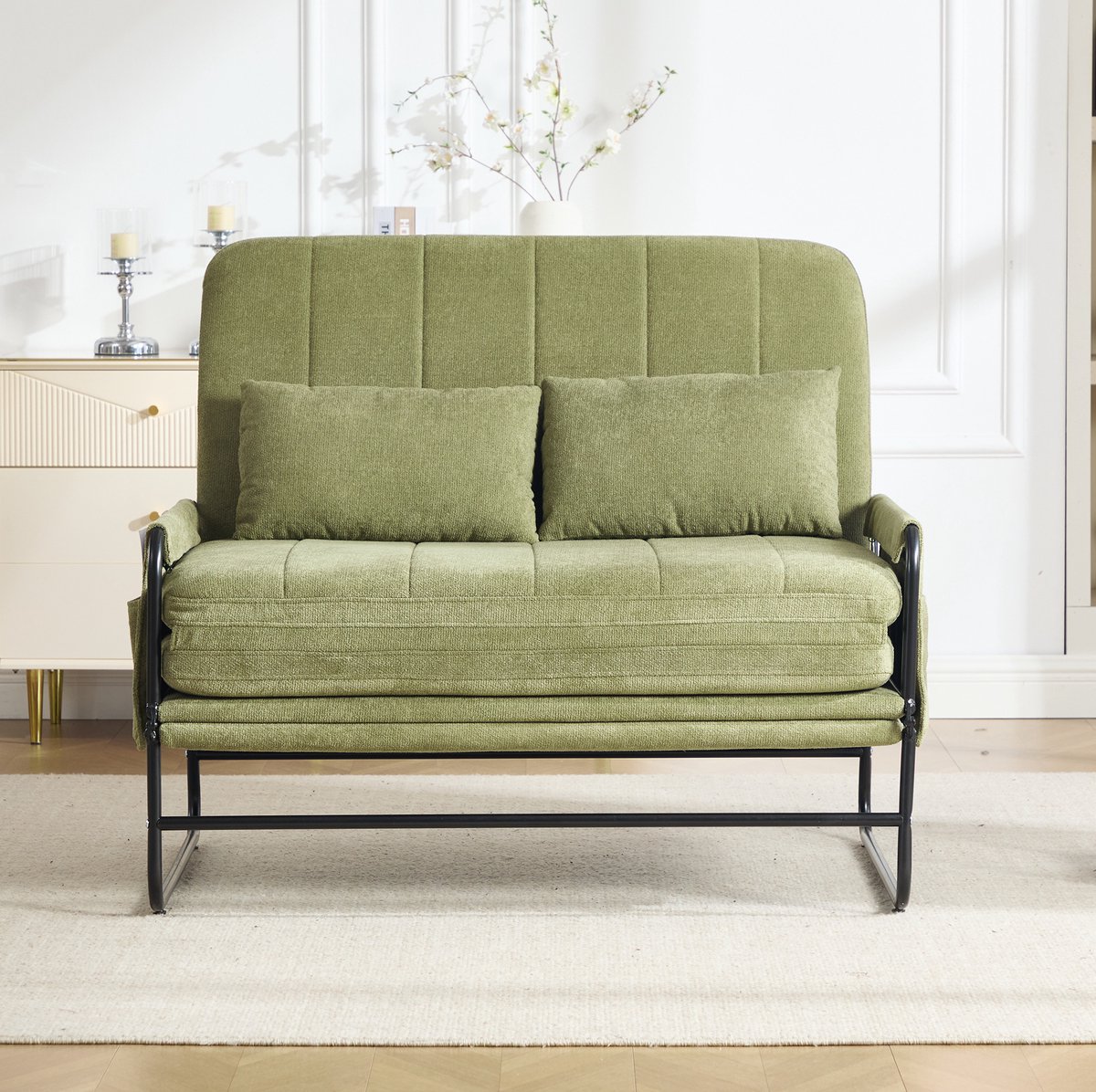 REDOM - Slaapbank - 2-zits - Metalen frame - Opbergtassen - Industrieel - Woonkamer en homeoffice - Chenille - Groen - 104 x 85 x 92 cm