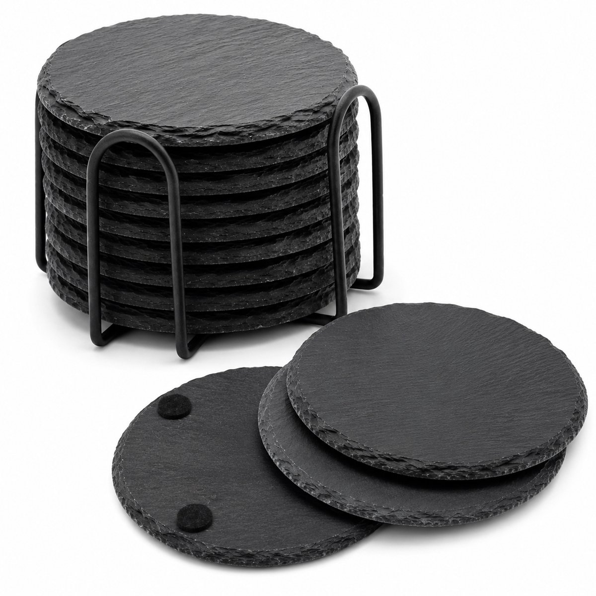 Kaiyaya - 12 stuks Onderzetters - Rond leisteen met houder - Zwart en hittebestendig - Beschermt tafel tegen kringen - Voor glazen en kopjes