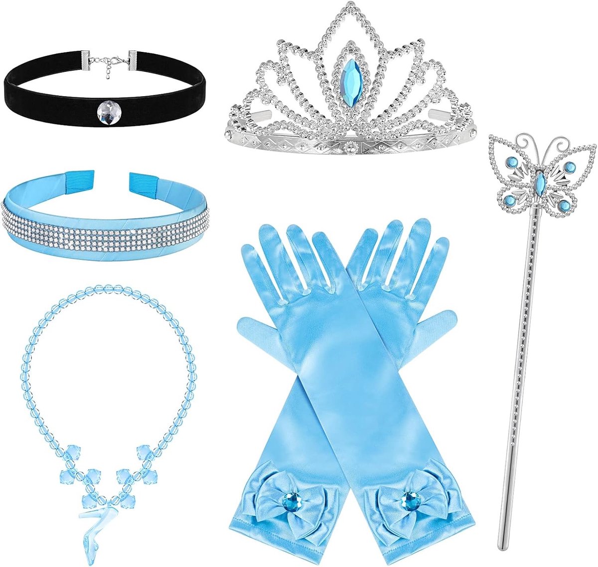 Prinsessen Kostuum Accessoire Set voor Meisjes, inclusief Tiara, Toverstaf, Handschoenen en Sieraden voor Verjaardagen, Carnaval en Cosplay