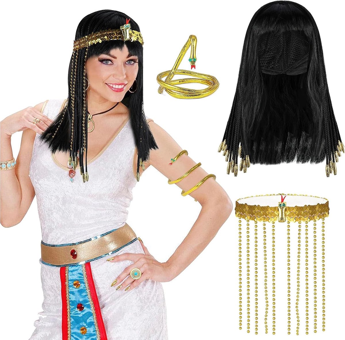 Drie Stuks Egyptische Kostuum Accessoires voor Vrouwen: Cleopatra Perücke, Cobra Hoofdband en Medusa Armband voor Halloween en Verkleedfeest