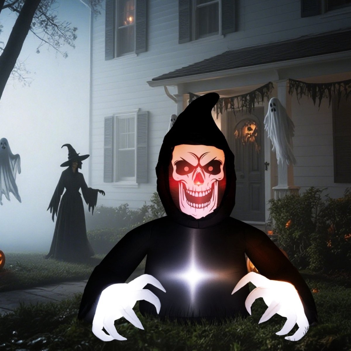 Opblaasbare Halloween Decoratie Sensenmann Met LED Verlichting En Ventilator 190 x 115 x 180 cm Polyester Zwart Voor Tuin En Buiten