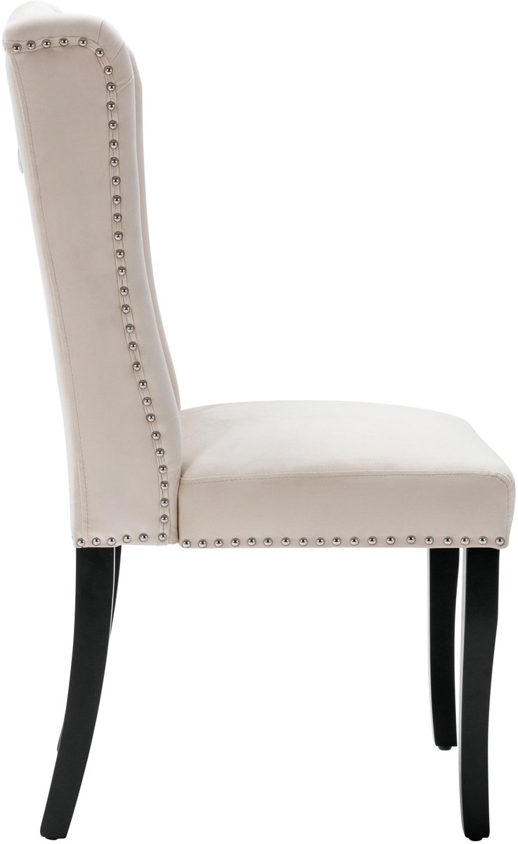 Eetkamerstoel Set Van 4 - Luxe Velours Design Met Knopen En Nieten - Voor Eetkamer En Woonkamer - Houten Onderstel - Beige