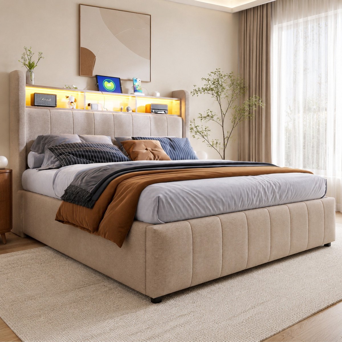 COVREO Bed met LED en USB – 140x200 cm – Gestoffeerd slaapframe met hydraulische opbergruimte – Tweepersoonsbed voor volwassenen – Beige - zonder matras