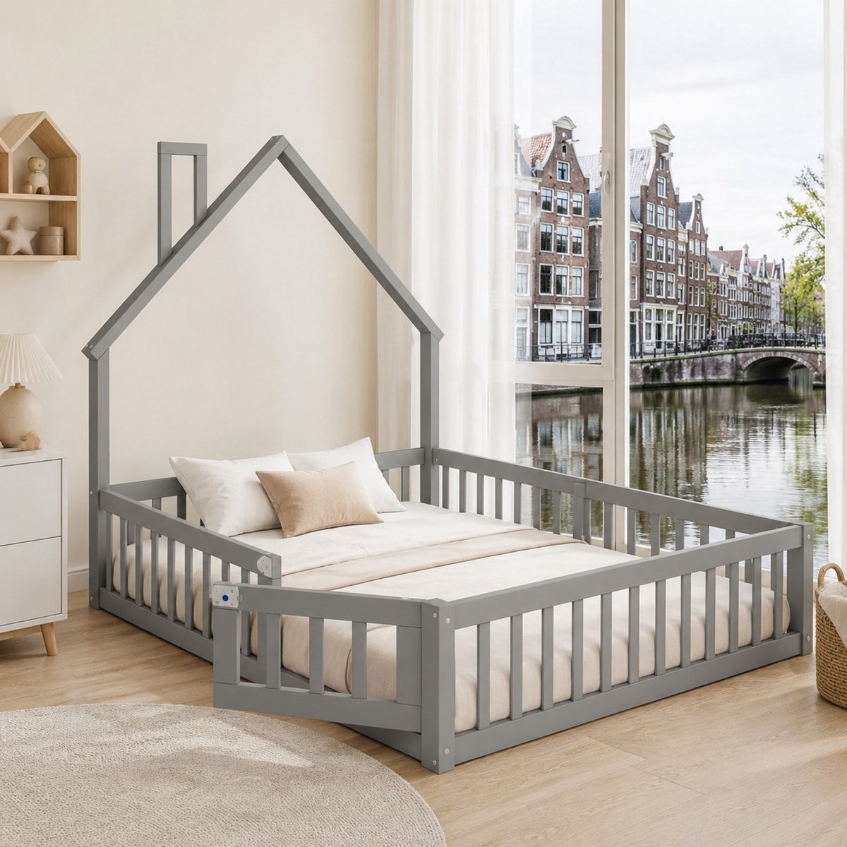WUVRIE Kinderbed 140x190 cm met huisvorm, lattenbodem en uitvalbeveiliging, grijs