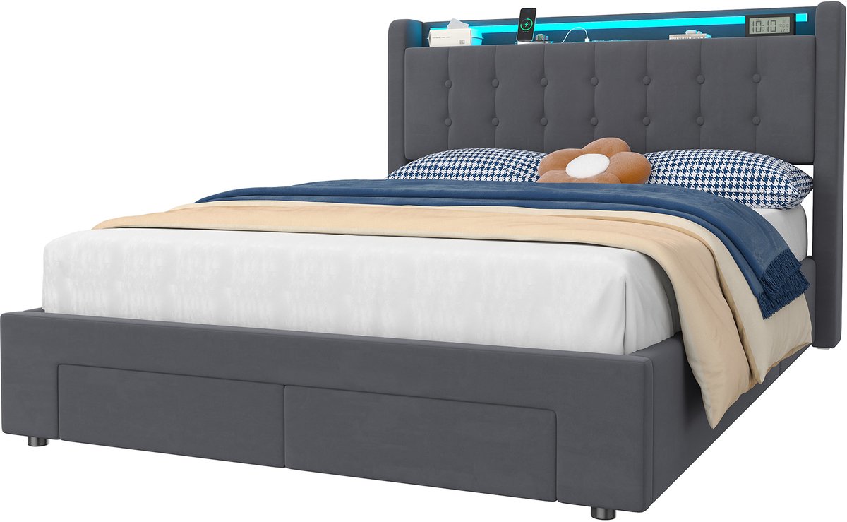 DESMIU Gestoffeerd Bed 140x190cm – Bedframe Met Opbergruimte, Usb-poort En Ledlicht – Zonder matras – Donkergrijs