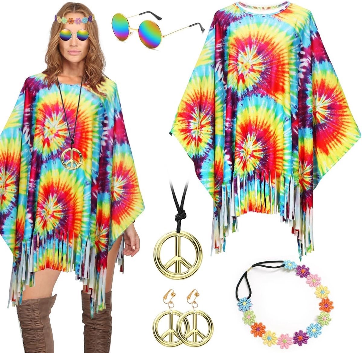 Hippie Kostuum voor Vrouwen met Tie Dye Poncho, Bloemen Haarband, Retro Zonnebril en Sieraden - Perfect voor Feesten en 60s/70s Thema Outfit