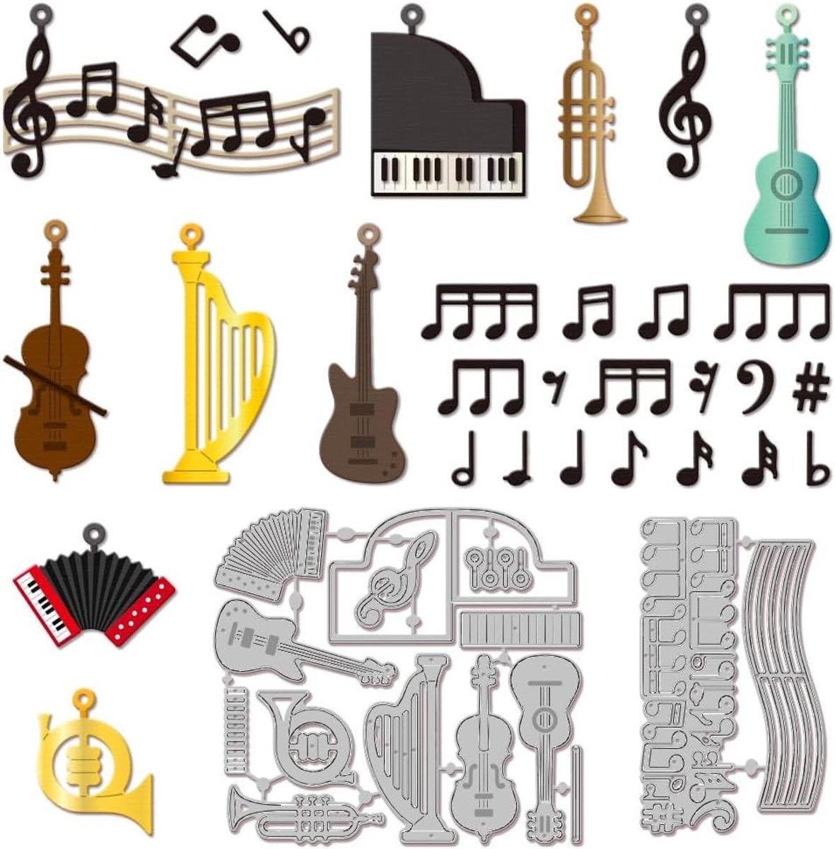 Musicale Instrumenten Snijmallen voor DIY Scrapbooking - Gitaar, Viool, Piano en Noten voor Kaarten en Fotoalbums