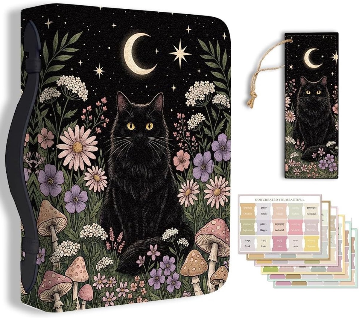 Maan en kat bijbelhoes van PU-leer met bladwijzer, stijlvolle bijbeltas voor mannen en vrouwen, 20,3 x 28,5 x 5,9 cm, perfect voor christelijke notitieboeken en draagaccessoires