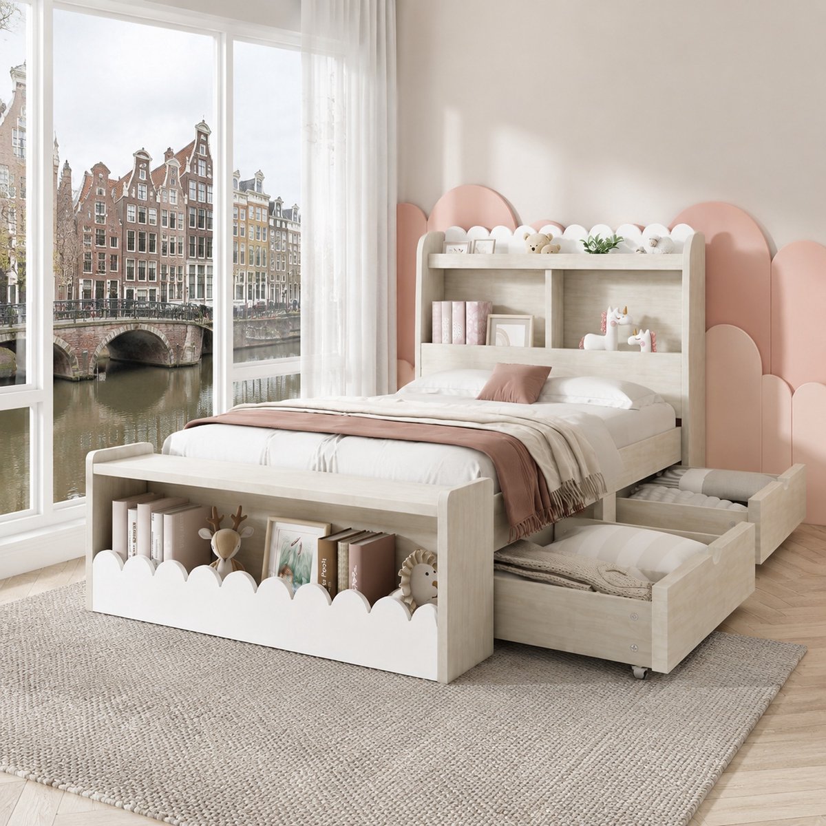 WUVRIE Kinderbed 90x200 cm met opbergruimte, lattenbodem en schoudelbank - Wit met licht eiken