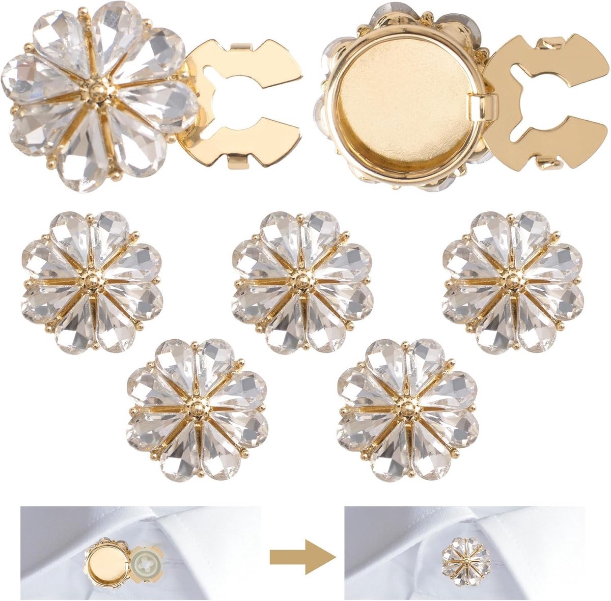 Gouden Bloemvormige Kristallen Knopcovers - 6 Stuks Decoratieve Knopclips voor Kleding, Jurken en Hemden