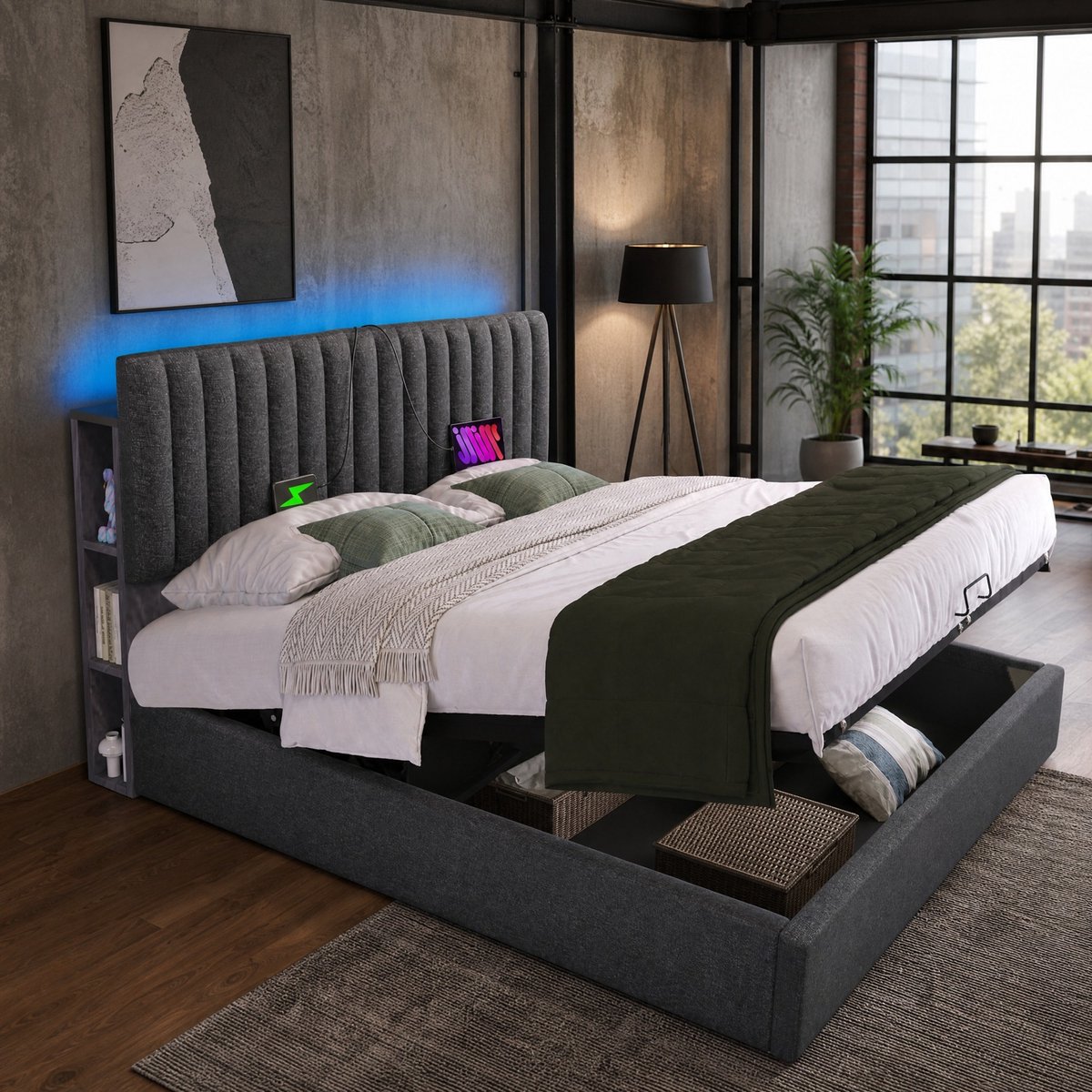 COVREO Polsterbett Grau met LED App-Control, USB Type-C oplaadfunctie, 140x200cm stauraumbed met verstelbaar hoofdeind en opbergruimte, inkl. lattenbodem uit hout Grijs