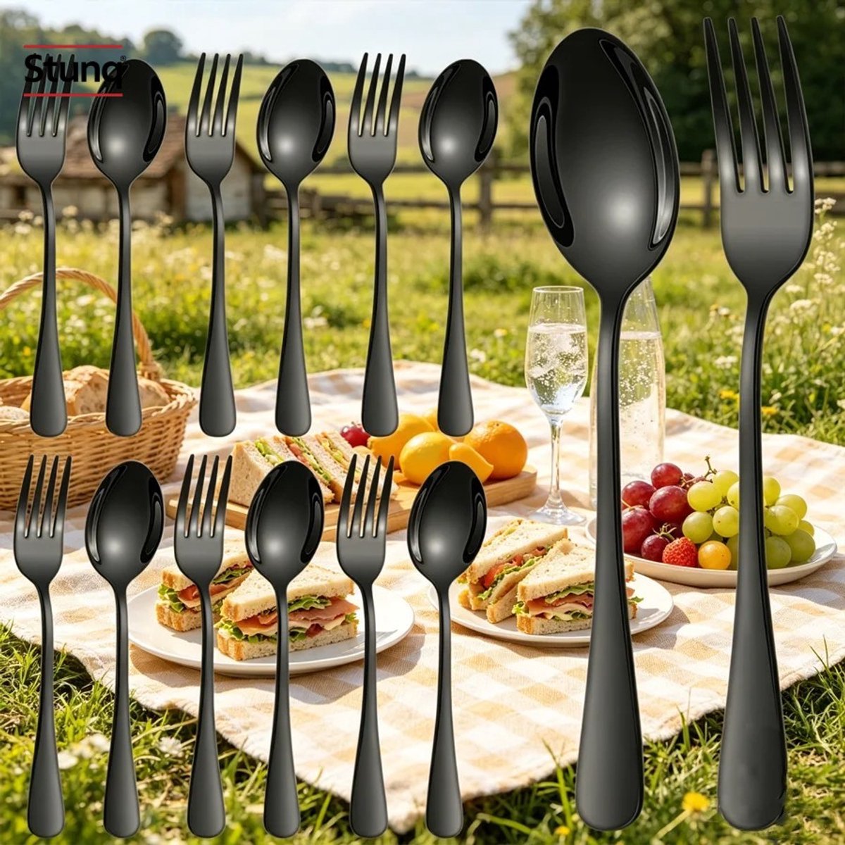 Stunq® 12-delige bestekset RVS mat zwart - vaatwasmachinebestendig