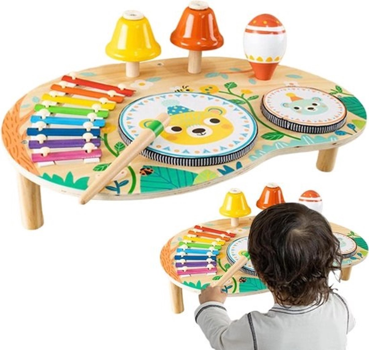 Kindermuziekset Hout - Activiteitstafel Kinderen - Vroege Stimulatie - Drum en Xylofoon - 428 x 30 x 25 cm