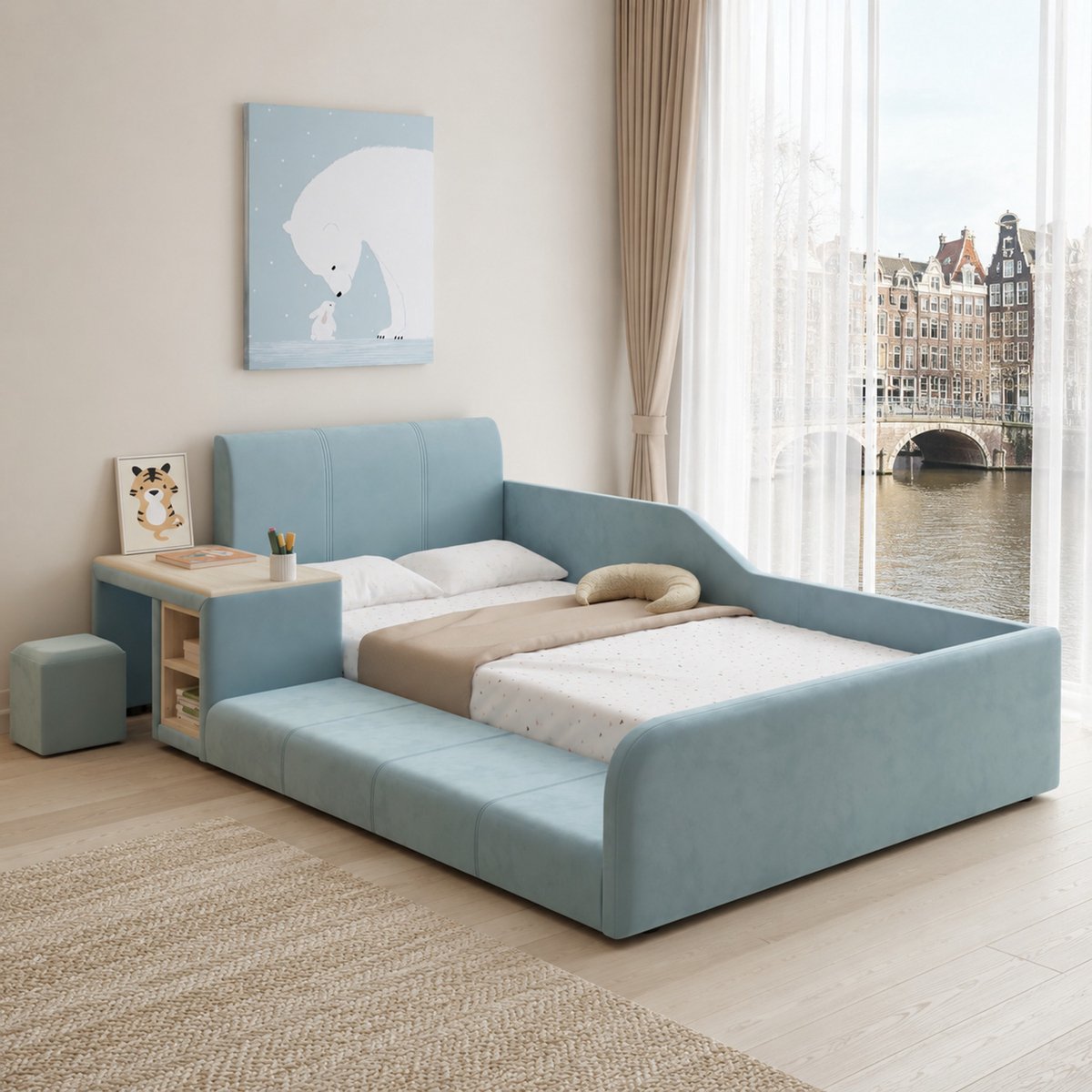 WUVRIE Kinderbed 90x200 cm met bureau, hocker en opbergruimte in blauw/naturel