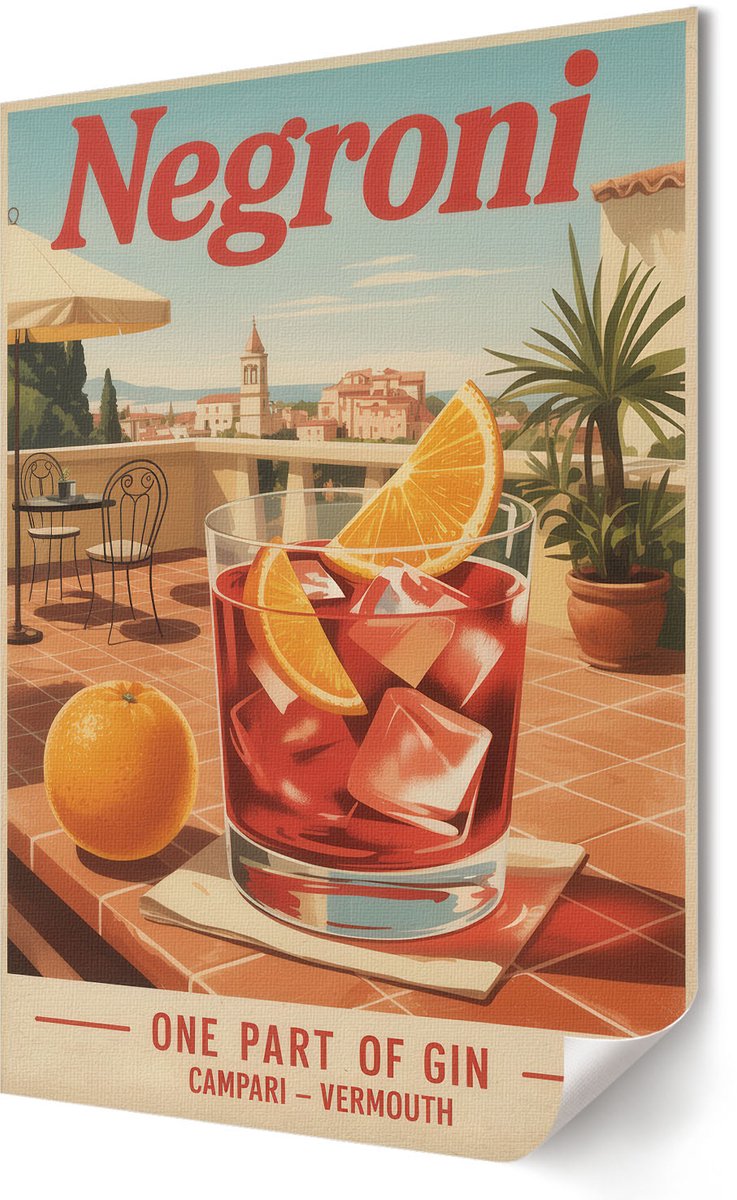 Coloray Polycanvas Wandposter - Negroni-Drankje, Schilderen - 420 x 594 - Oranje Decoratie - Rechthoek - Wandkunstwerk - Woonkamer, Slaapkamer, Kantoor - Retro