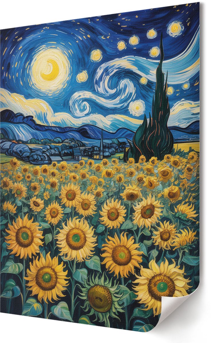 Coloray Polycanvas Poster - Sterren En Zonnebloemen, Schilderen - 420 x 594 - Blauw Motief - Rechthoek - Muurdecoratie - Woonkamer, Slaapkamer, Kantoor - Romantisch