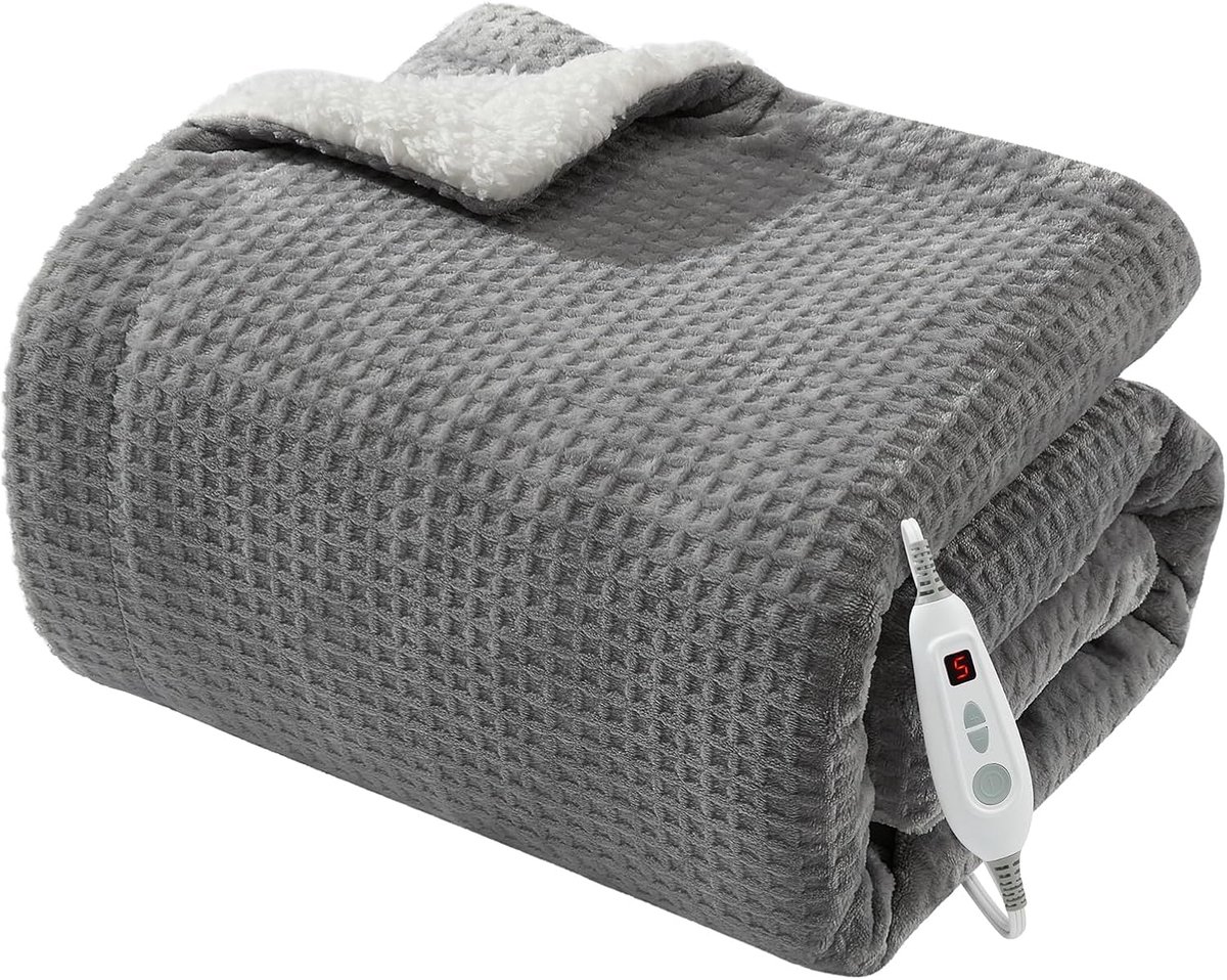 Elektrische deken met LCD-controller en 6 standen, grijze flanel deken 180 x 130 cm, EU-stekker