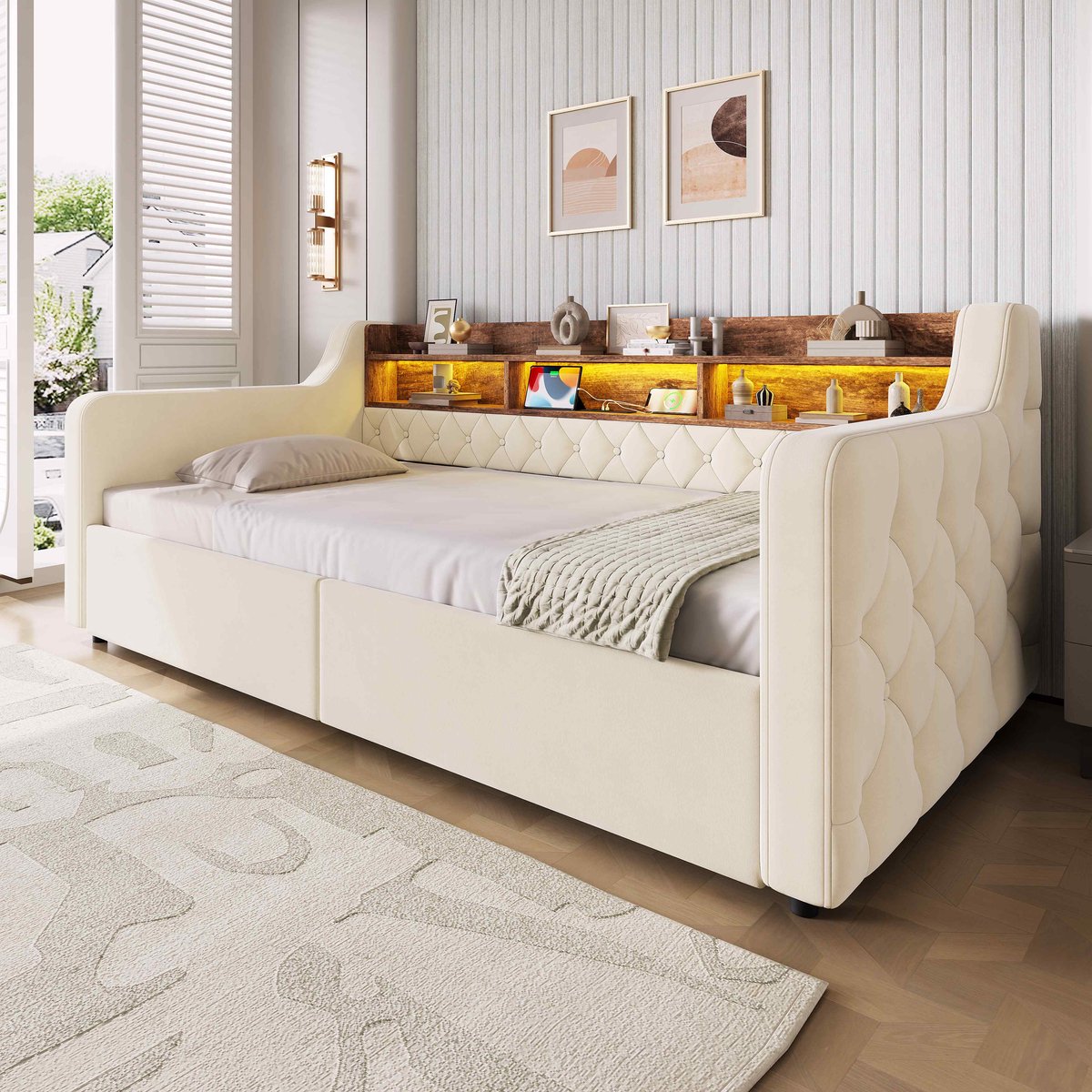 VVBV Bed met Opbergruimte 90x190 – Gestoffeerd Tweepersoonsbed van Fluweel met Opbergruimte, 2 Lades, Lattenbodem en Opberghoofdbord – Beige