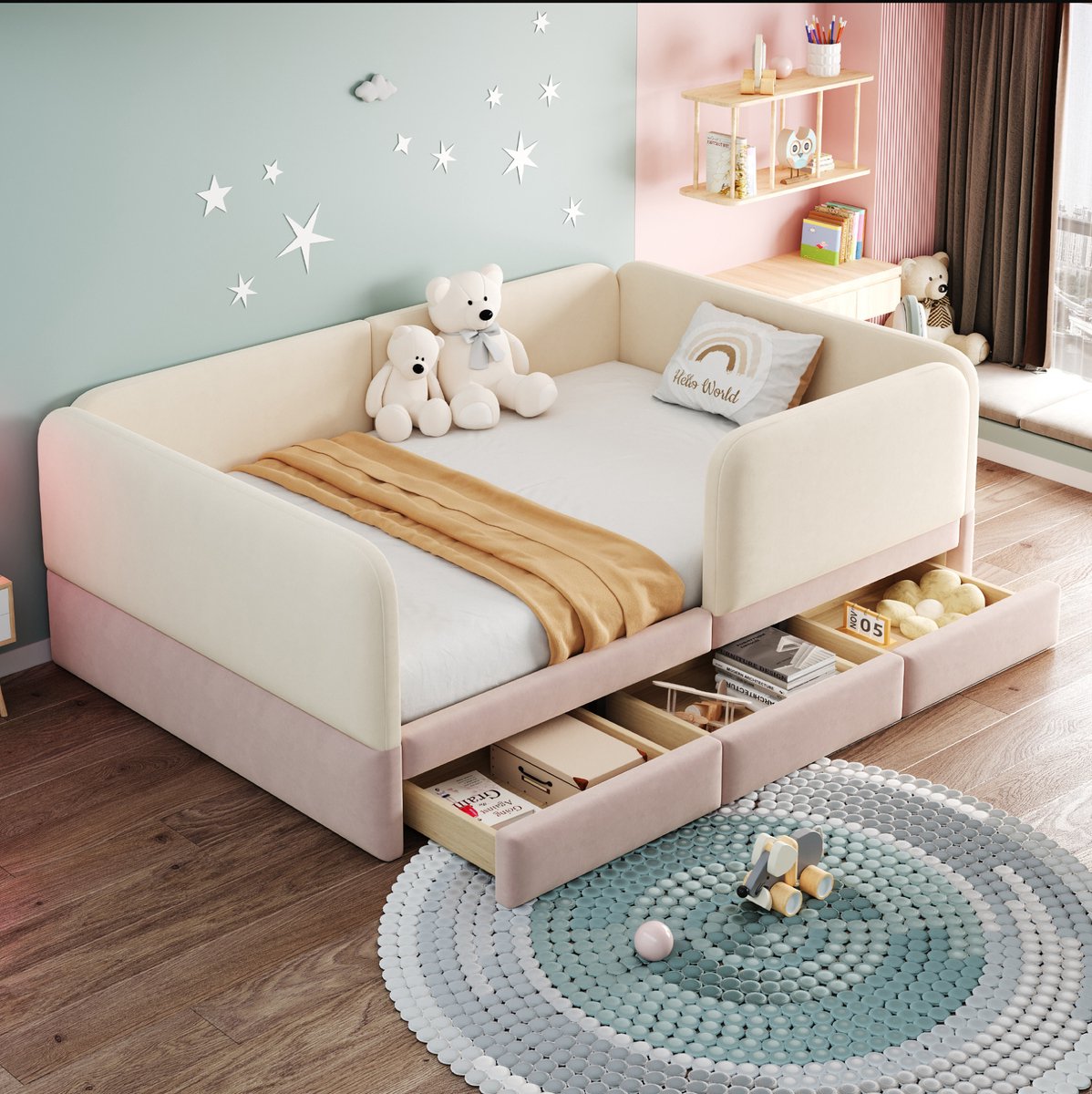 DESMIU Gestoffeerd Bed 140x200 cm – Kinderbed Met Veiligheidsrand En Afgeronde Hoeken – Met Opberglades – Voor Kinderen – Fluweel En Metaal – Beige En Roze – Zonder Matras