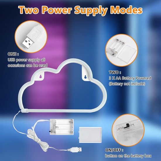 Warm Witte Wolk Neonlamp - Batterij of USB Aangedreven, Perfect voor Kamerdecoratie, Nachtlampje voor Slaapkamer, Bar & Feest — afbeelding 2