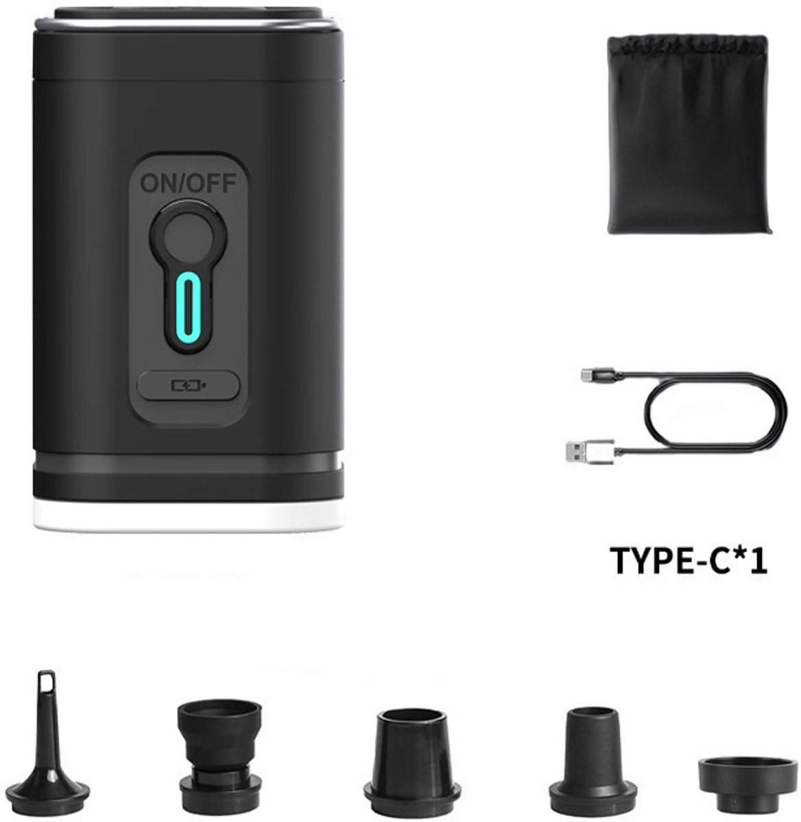 2-in-1 elektrische luchtpomp/opblaasapparaat met ingebouwde oplaadbare batterij en LED-noodverlichting, capaciteit van 1200 mAh.