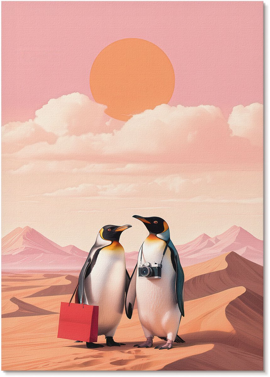 Tulup Polycanvas Poster - Pinguïns In De Woestijn, Illustratie - A4 - Roze Wanddecoratie - Rechthoek - Wandkunst - Woonkamer, Slaapkamer, Kantoor - Expressief