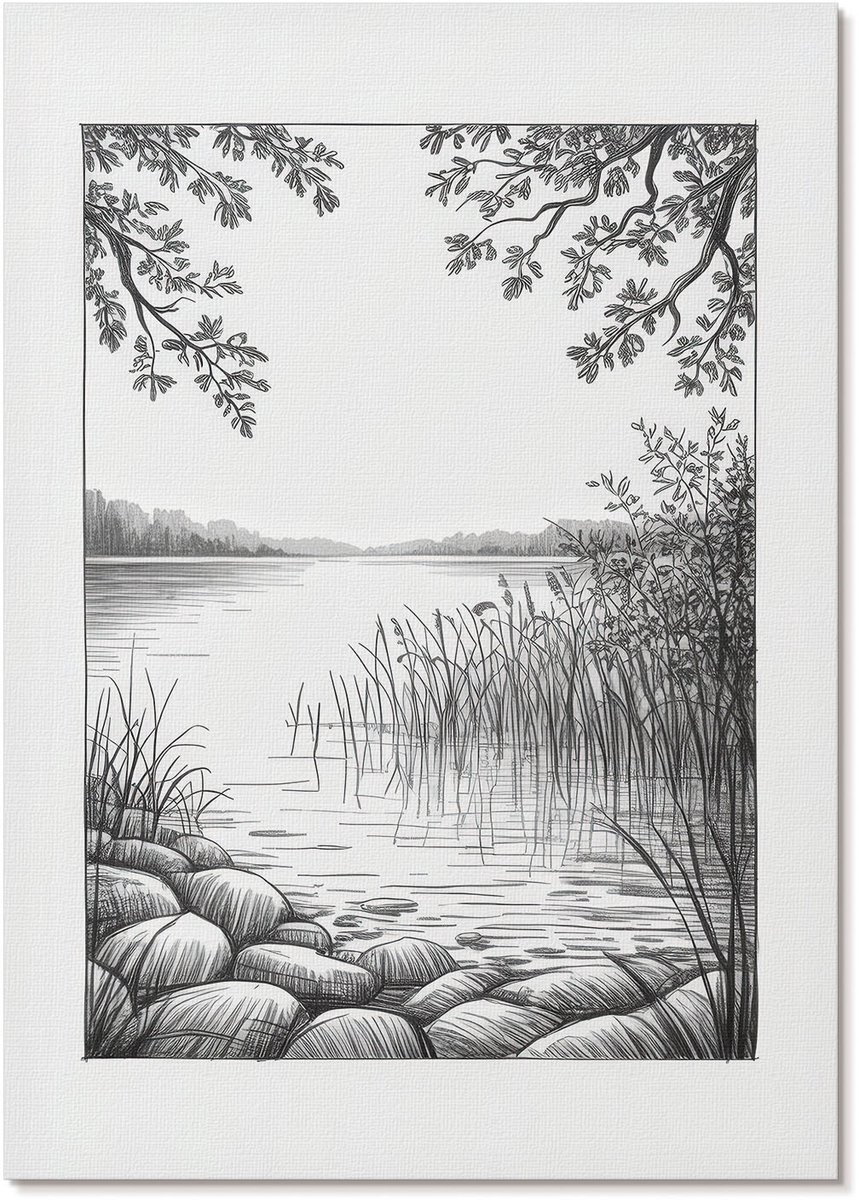 Tulup Polycanvas Wandposter - Schets Van Het Meer, Illustratie - A4 - Zwart-wit Kunst - Rechthoek - Wandkunstwerk - Woonkamer, Slaapkamer, Kantoor - Klassiek