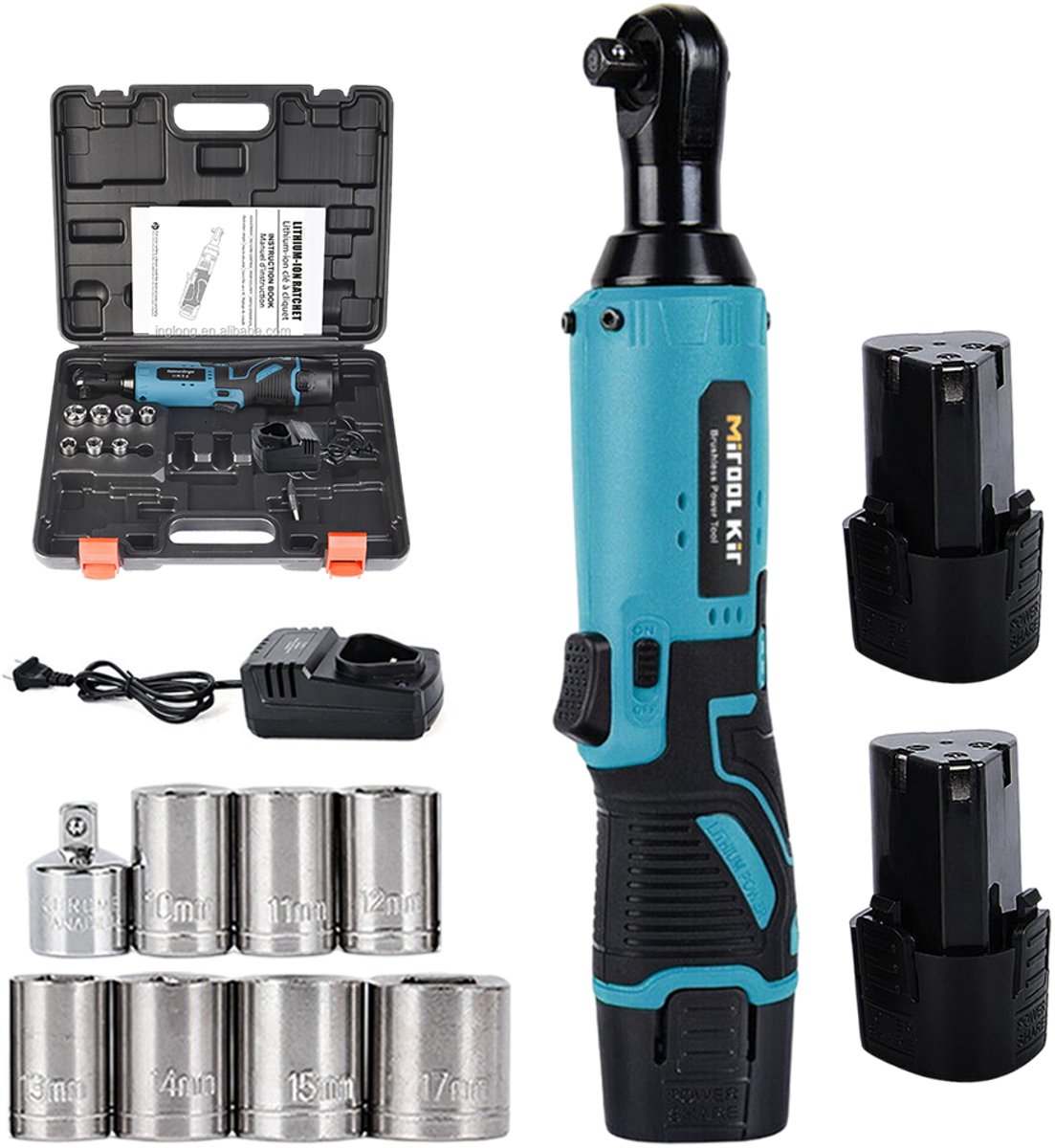 Elektrische Ratelsleutel 12V - Accu Ratelsleutel 3/8 Inch - 45 Nm - Variabele Snelheid 0-320 RPM - 2 Accu's - 8 Doppen en Koffer