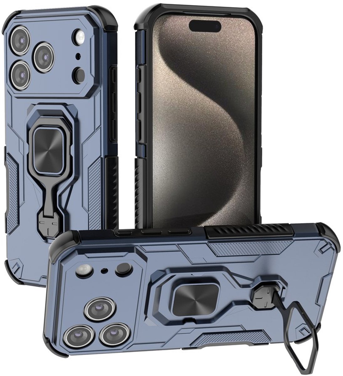 MobyDefend Hoesje - Geschikt voor iPhone 18 Pro - Dubbelgelaagde Pantsercase Met Standaard - Blauw