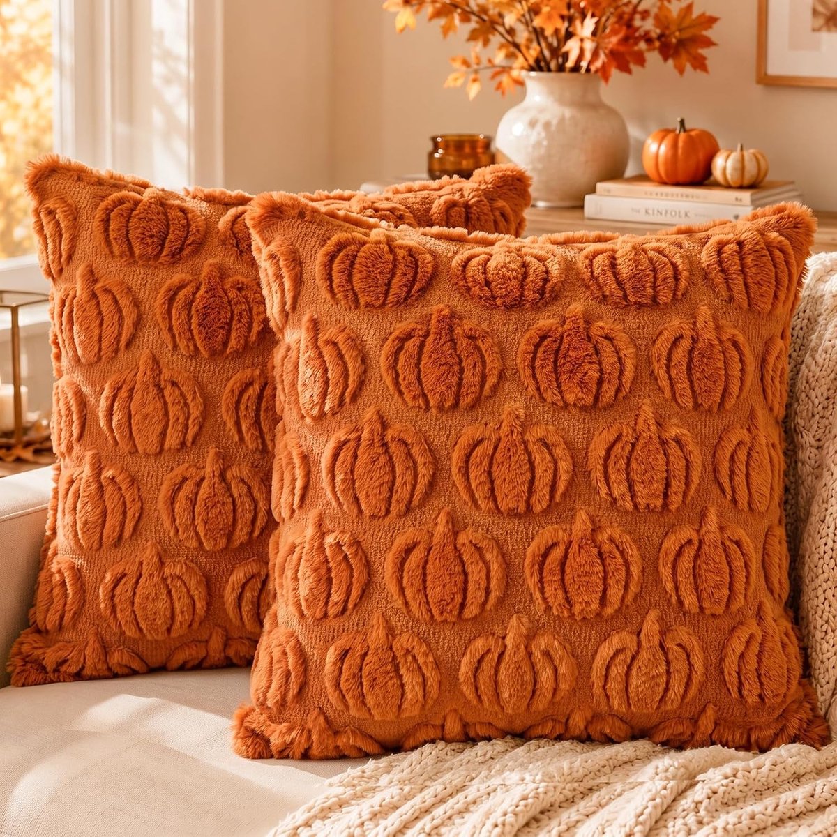 Kussenhoezen - 45 x 45 cm - Kussensloop - Sierkussenhoes - Herfst & winter - Decoratieve Kussenslopen - Herfstdecoratie - Thanksgiving - Halloween - Voor binnen, bank, woonkamer, slaapkamer - Oranje
