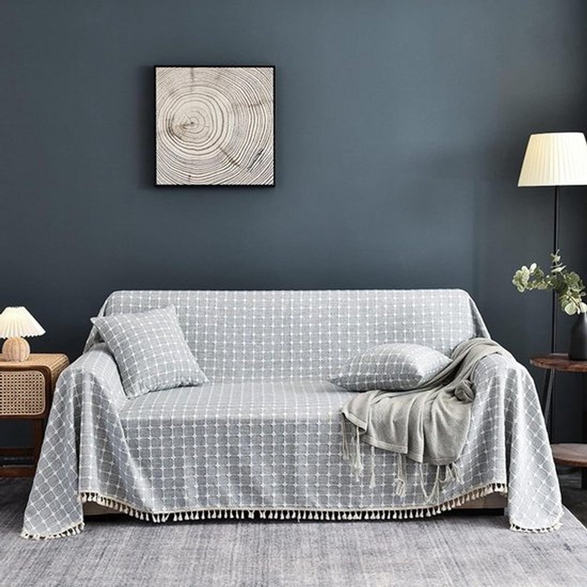 Bankplaid Katoen Linnen - Bankhoes Sofa Beschermer - Bank Beschermen - Volledige Dekking - 200 x 200 cm - Blauw Grijs