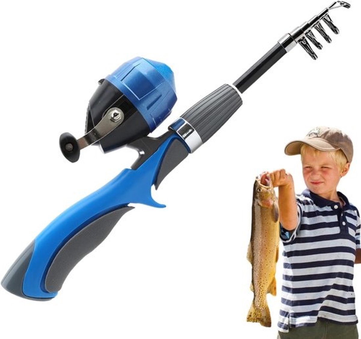 Vishengel Set - Telescoophengel Kinderen - Vissen Leren - Opvouwbaar Ontwerp - 160 cm - Blauw
