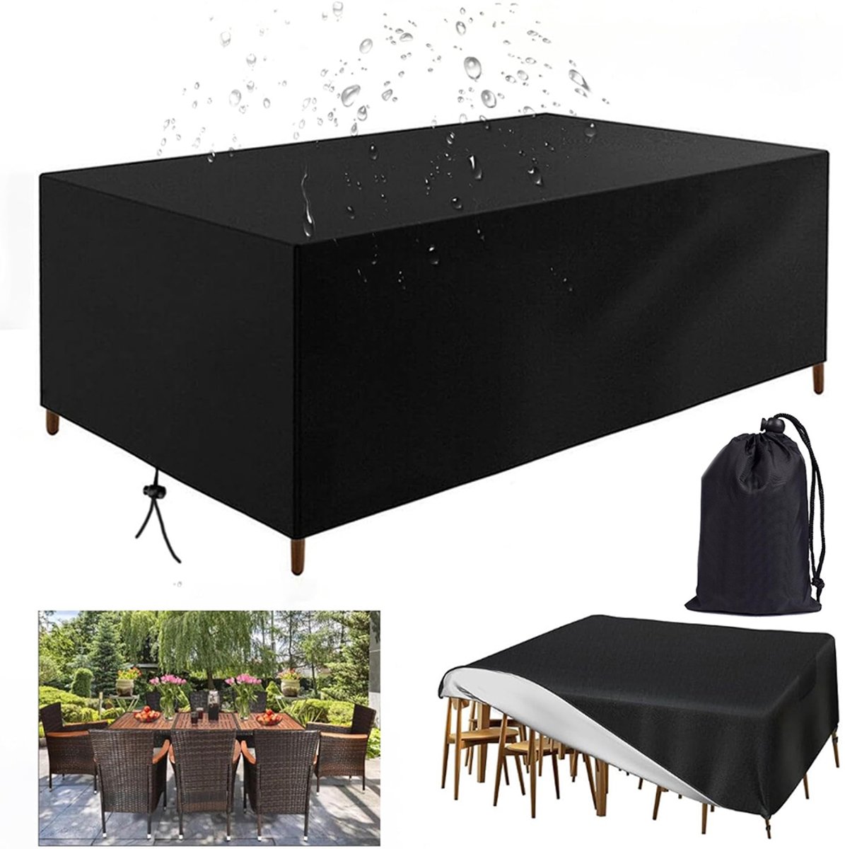 Tuinmeubelhoes – Tuintafelkleedhoes – Tafelbeschermer – Beschermt meubels – Waterdicht en scheurvast – 210D Oxford-stof – Inclusief opbergtas – Met trekkoord – 213×132×74 cm – Zwart