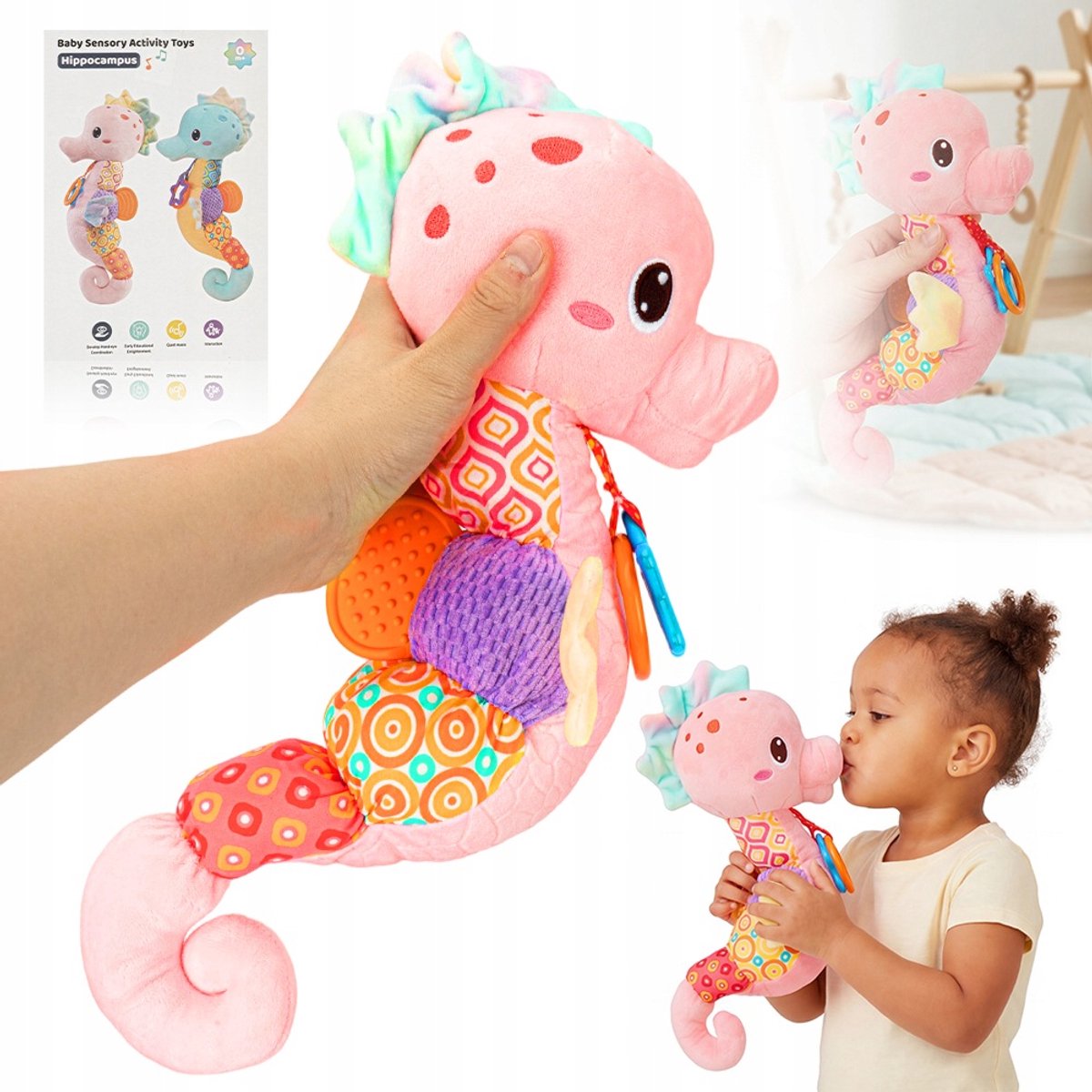 Baby Knuffel - Zeepaard Knuffelbeesten - Roze Zeepaardje Speelgoed - Montessori Sensorisch Speelgoed - Muziek & Geluiden - Zacht & Huidvriendelijk - Rammelaar + Bijtring + Spiegeltje - 0-12 Maanden - Voor Buiklig & Motoriek