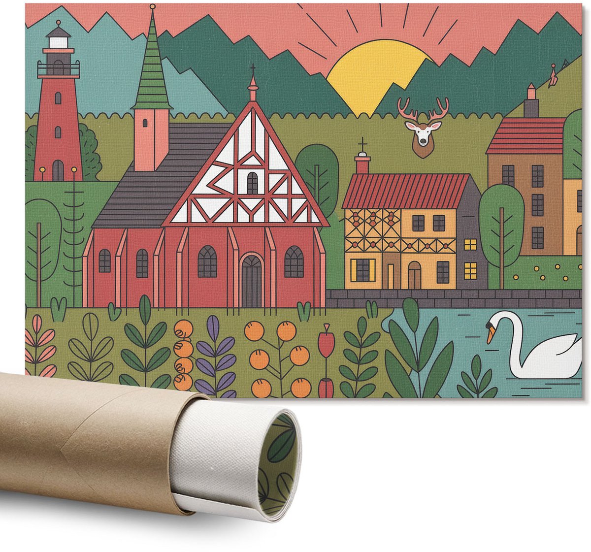 Coloray Polycanvas Wandposter – Landelijk Landschap, Groen – A1 – Turkoois Motief – Rechthoek – Canvas Wandposter – Slaapkamer – Modern