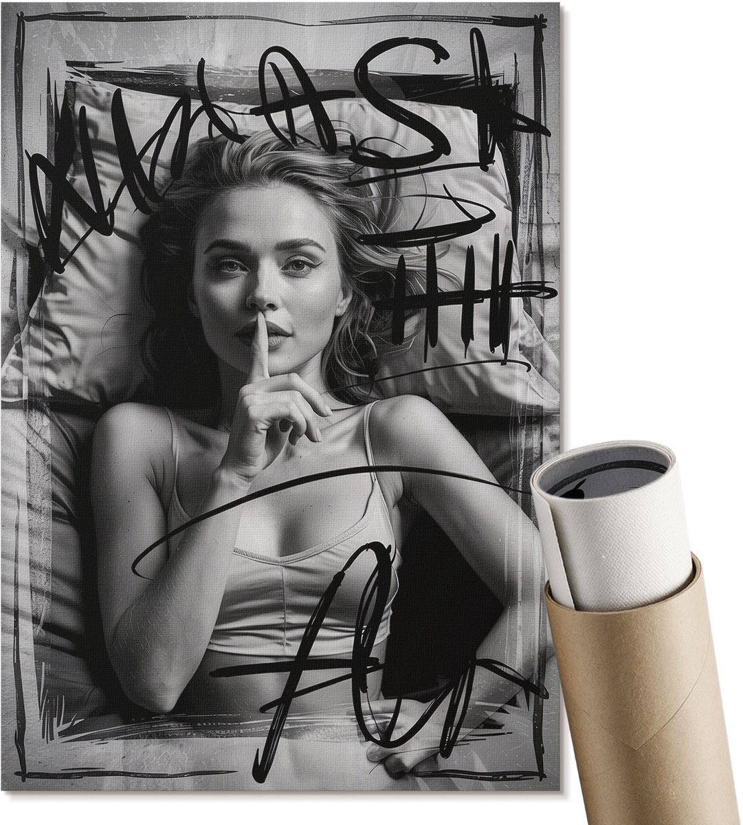 Coloray Polycanvas Poster - Mysterieuze Vrouw, Poster - A4 - Zwart Wanddecoratie - Rechthoek - Muurdecoratie - Woonkamer, Slaapkamer, Kantoor - Industrieel