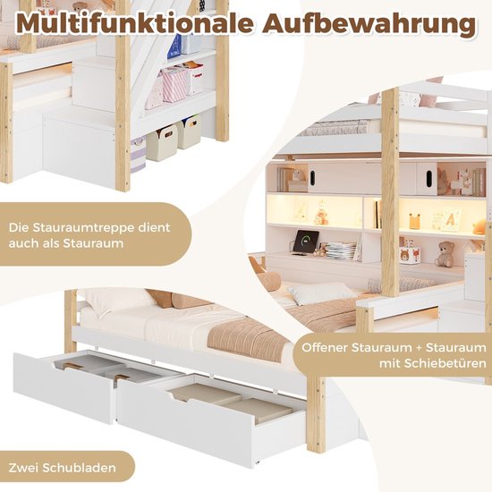 Multifunctioneel wit hoogslaper met houten accenten, trap met opbergruimte, lade en open opbergruimte.
