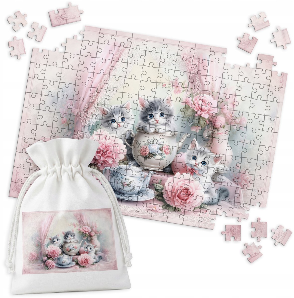 Traditionele Puzzel: Drie Kittens met Rozen - 192 Stukjes