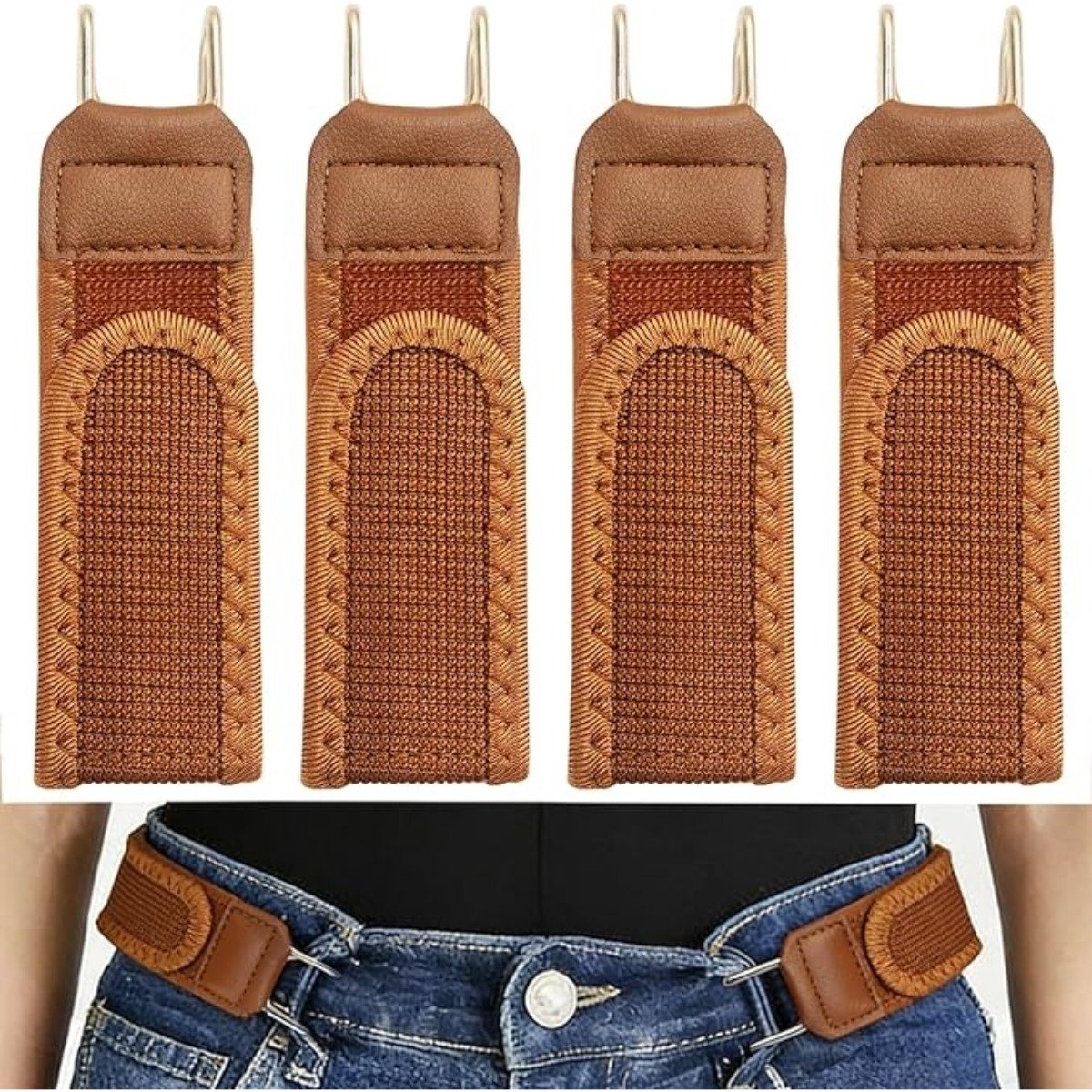 Klittenband (compatible met Velcro) Taillegesp 4-pack — Verstelbare ijzeren haak, slanke elastische tailleband van polyester en zinklegering