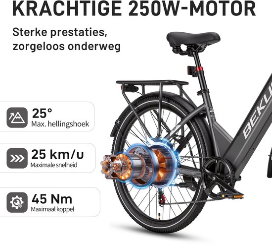 Bekup V1 26 inch elektrische lage instap fiets - Comfortabele stadsfiets - 36V 14,5Ah accu - 250W achterwielmotor - Actieradius tot 75 km - Shimano 7 versnellingen - Verende voorvork - Geveerde zadelpen - Titaangrijs — afbeelding 3