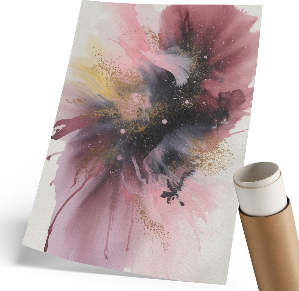 Coloray Polycanvas Wandposter - Kleurrijke Explosie, Waterverf - 210 x 297 mm - Roze Decoratie - Rechthoek - Canvasposter - Woonkamer, Slaapkamer, Kantoor - Expressief
