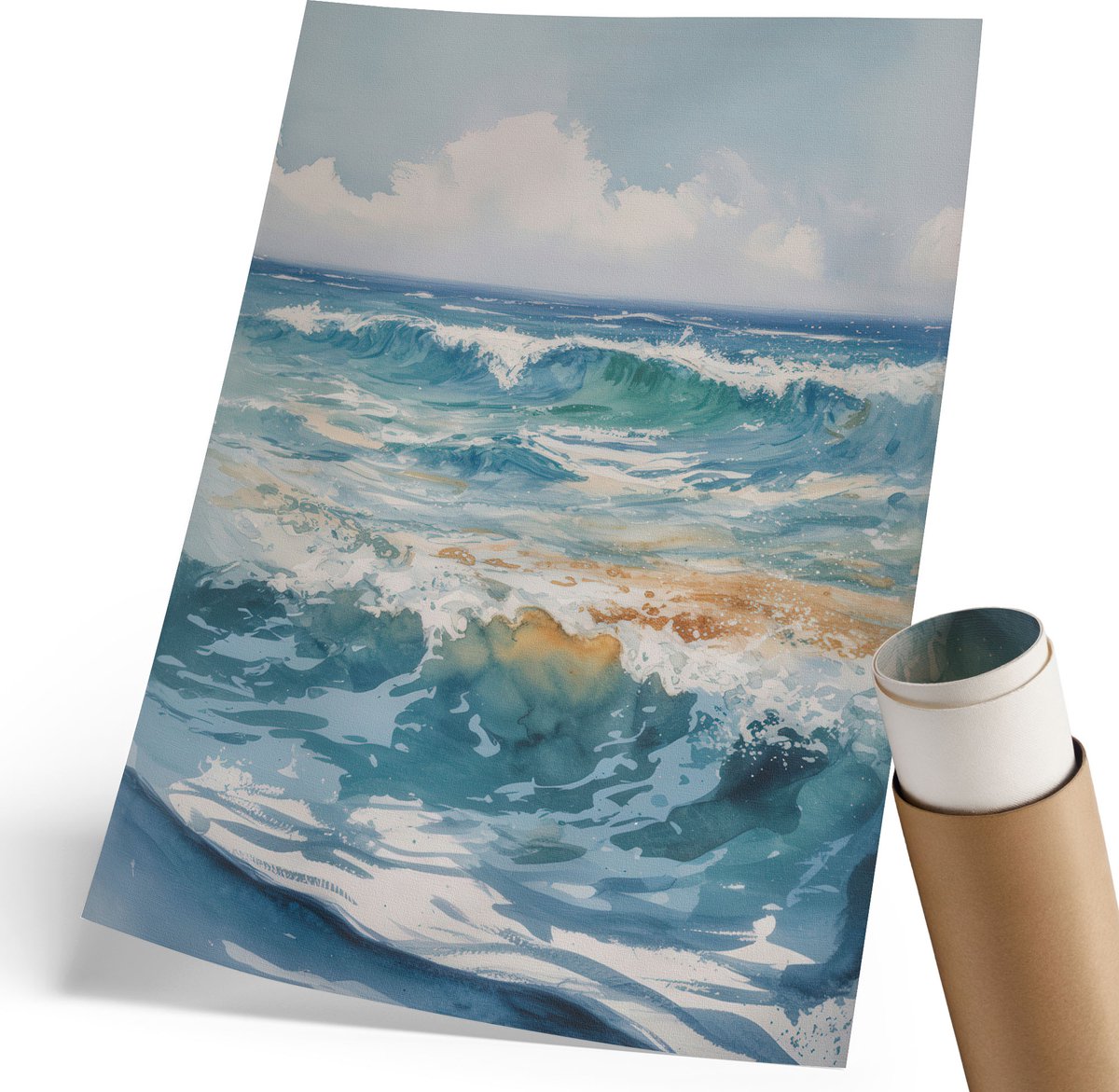 Coloray Polycanvas Wandposter - Zeegolven, Waterverf - 210 x 297 mm - Blauw Decoratie - Rechthoek - Wandkunstwerk - Woonkamer, Slaapkamer, Kantoor - Expressief